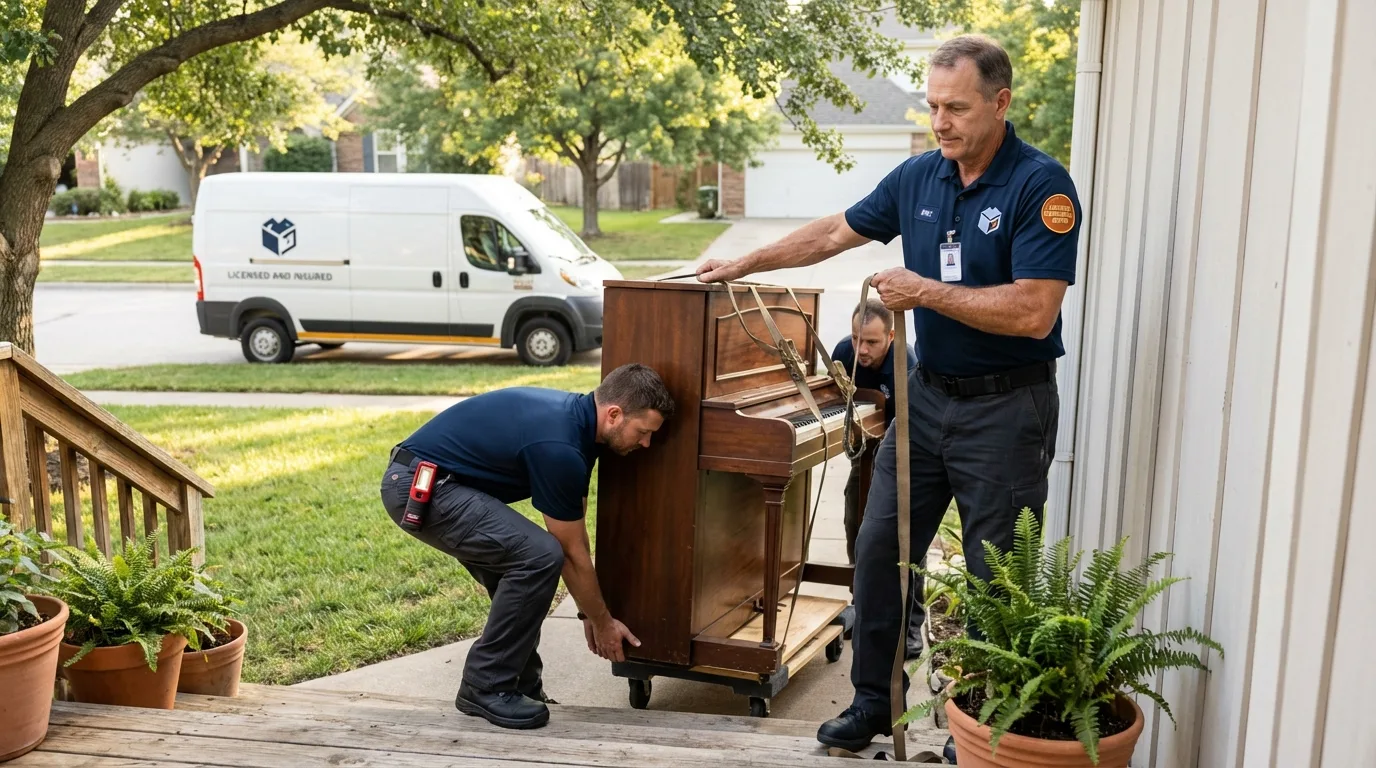 Licensed piano movers securing grand piano in Summit, NJ