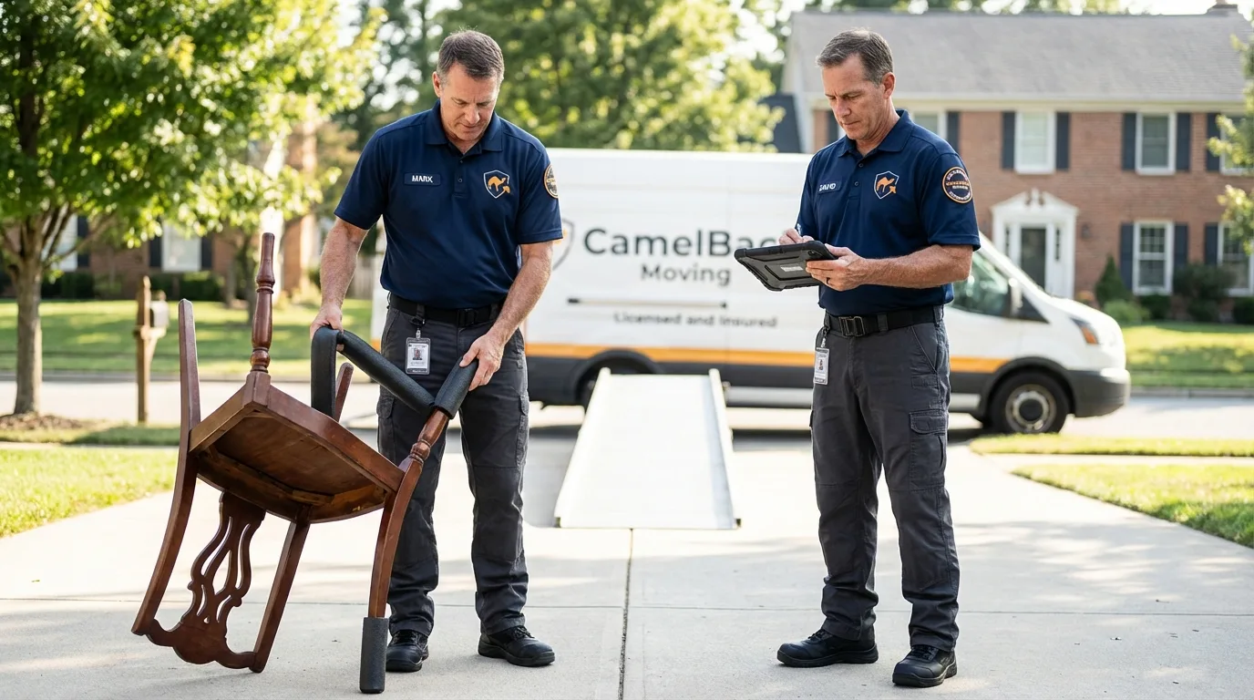 Movers inspecting furniture for damage prevention before loading in Summit, NJ